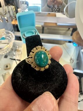 Vintage-Style Gold Ring with Teal Green Oval Stone Sterling Silver Size 8